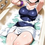 【エロ画像】紫髪ショート巨乳むっちり×お風呂・入浴_AI_アニメエロ画像のサムネイル