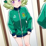 【エロ画像】緑髪内巻きセミロングむっちり×鏡越し_AI_アニメエロ画像のサムネイル