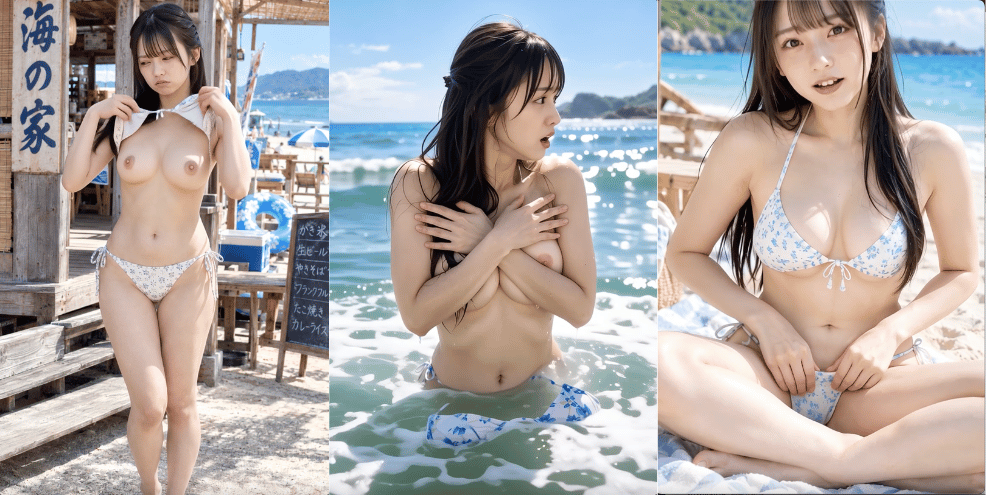 ビーチで水着美女のポロリや大胆な姿を楽しむ【AIエロ動画】のサムネイル