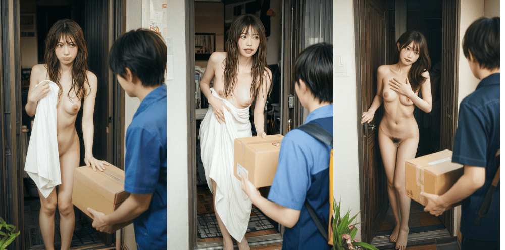 全裸で宅配荷物を受け取るAI美女【AIエロ画像】のサムネイル